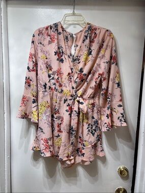 Pink Floral Wrap Romper with Tie Waist